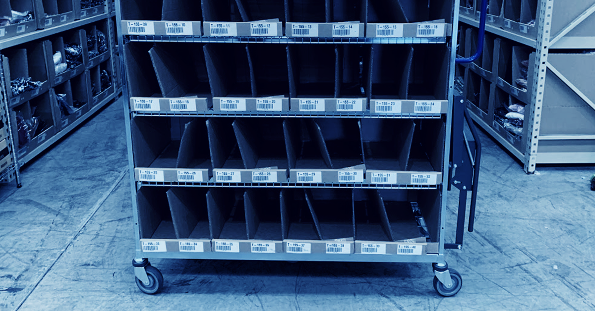 A Waddy trolley for ecommerce picking and sorting is a metal cart with wheels and multiple shelves containing open-faced boxes labeled with barcodes.