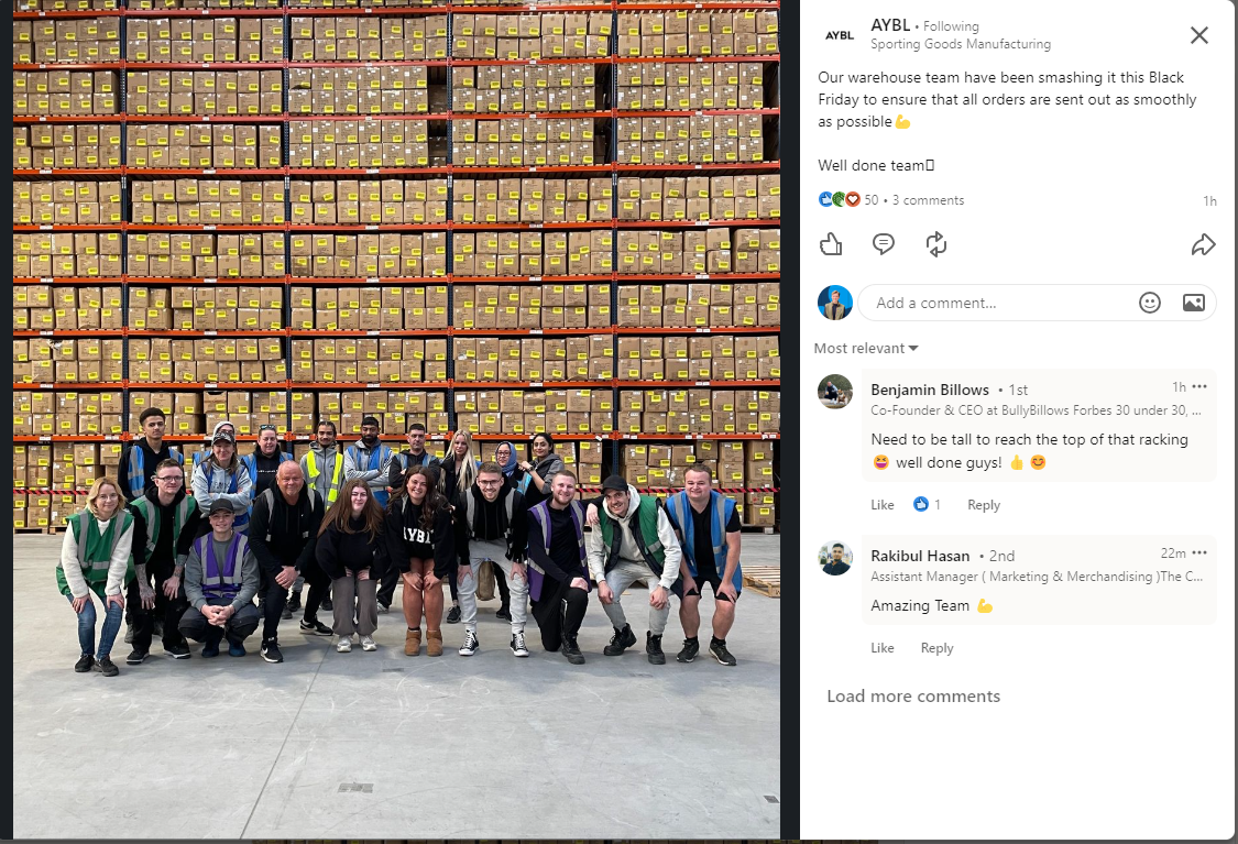 Social post of warehouse team success