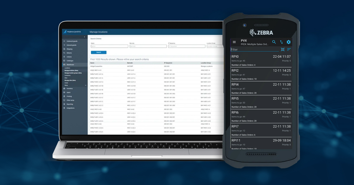 An image displaying the Descartes Peoplevox interface on a laptop and a Zebra mobile device.