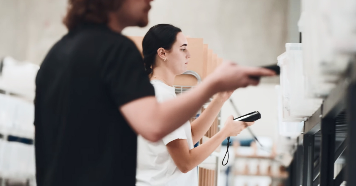 Two warehouse workers use mobile scanning devices to scan bins while picking order items in a warehouse.