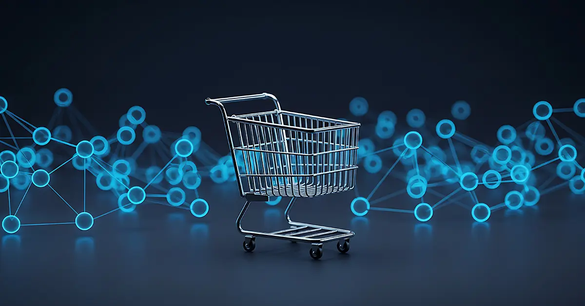 A metal shopping cart on a backdrop of interconnected glowing orbs representing D2C ecommerce businesses facing a chaotic, tech-saturated environment.