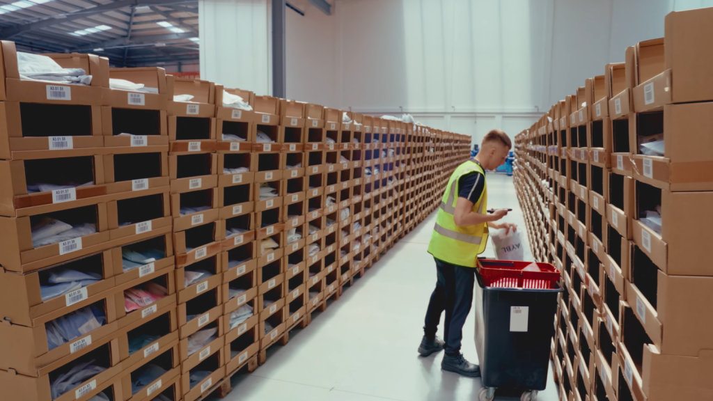 An image showing a warehouse worker picking an order using a barcode scanning device.