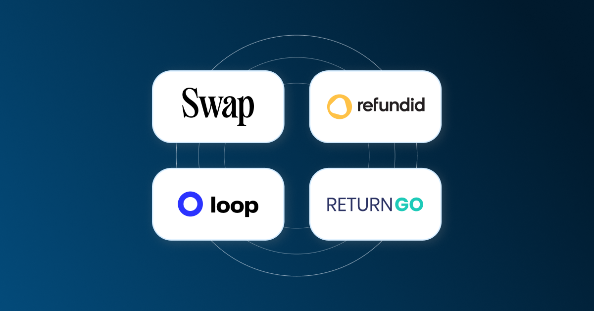 An image displaying four of Peoplevox's integrations, Swap, Refundid, Loop, and ReturnGO. All four help ecommerce businesses manage their returns workflows.