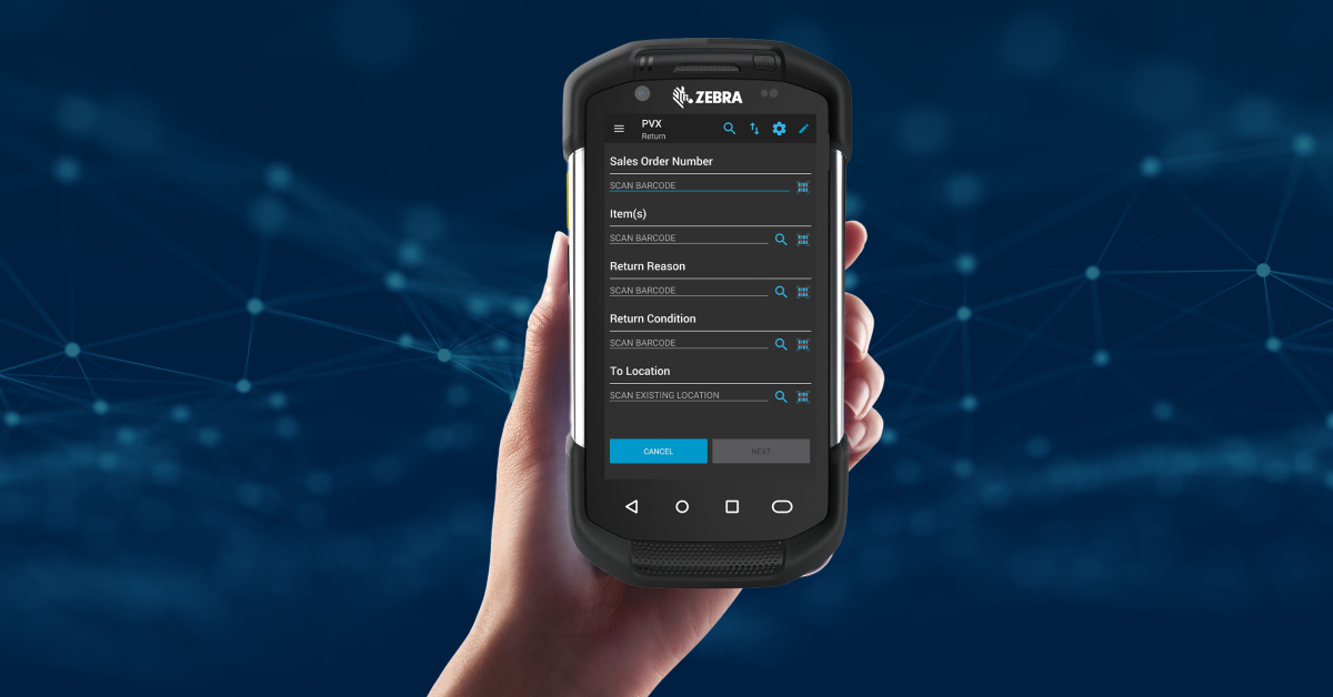 An image of someone holding a mobile scanning device featuring the Peoplevox WMS interface.
