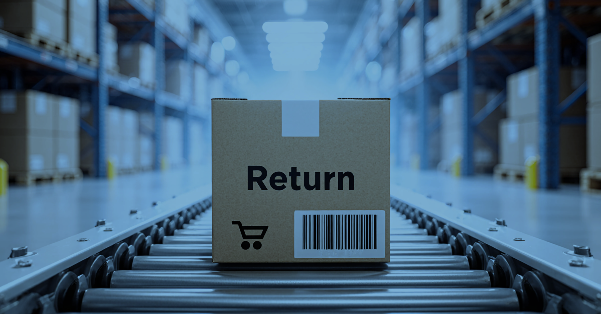 2025_12_Blog_How Descartes Peoplevox Makes Managing Returns Painless_Feature An image of an order moving along a conveyor belt. On the outside of the box, it says 'Return.'