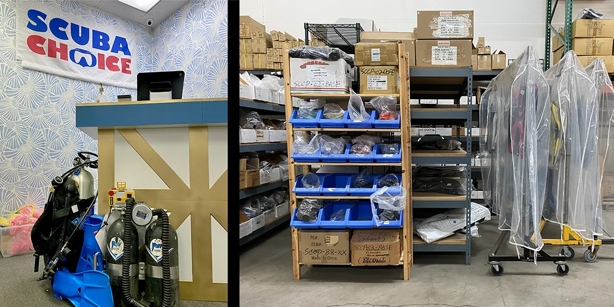 Retail warehouse front counter and back warehouse areas