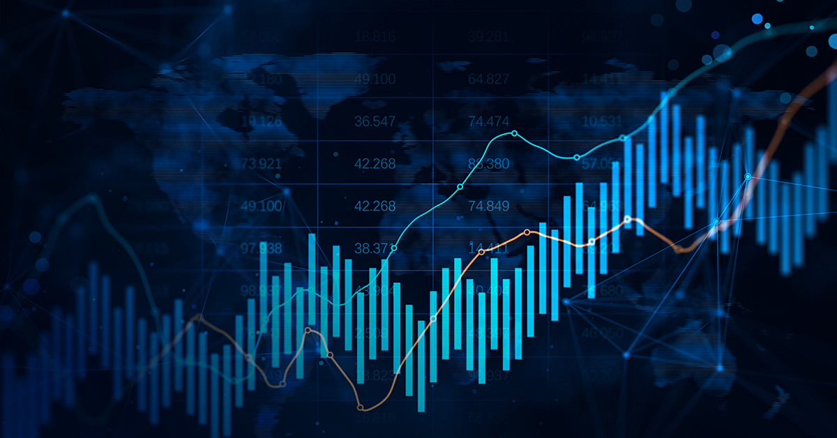 2026_10_blog_pvx_forecastmine_product_setup Blue data bars and turquoise and orange trend lines overlaid on a world map with network connections.
